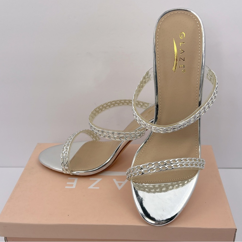 GLAZE SILVER CHAIN STRAPPY SANDALS, ALL MAN-MADE MATRIAL, WOMEN’S SIZE 8
